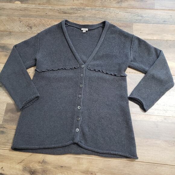 J. Jill Cotton Chunky Knit V Neck Gray Ruffle Seam Cardigan Sweater Medium - Picture 9 of 12